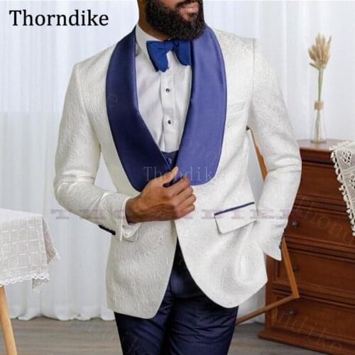 Gwenhwyfar Mens Jaquard Wedding Suits, Shawl Lapel White Blazers With Blue Pants Men,Groom Tuxedos 2021,Three Pcs Custome Homme