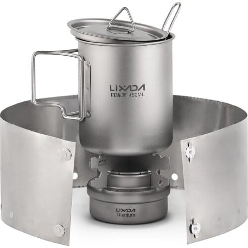 5pcs Outdoor Camping Cookware Set Water Cup Mug 750ml Pot Alcohol Stove Cross Stand Rack with Foldable Spork and Windscreen