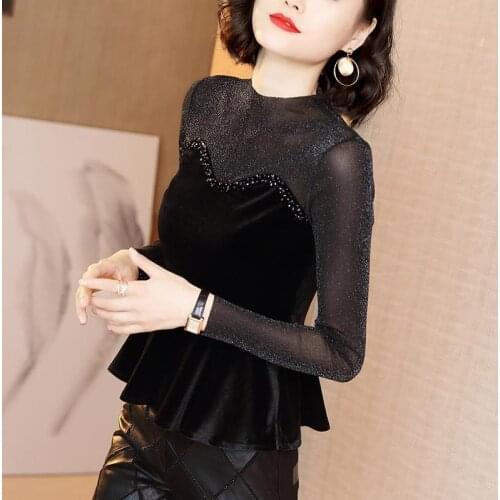 2021 New Spring Autumn Mesh Stitching Velvet Top Slim Was Thin Stand-up Collar Long-sleeved Black Fake Two-piece T Shirt Y89