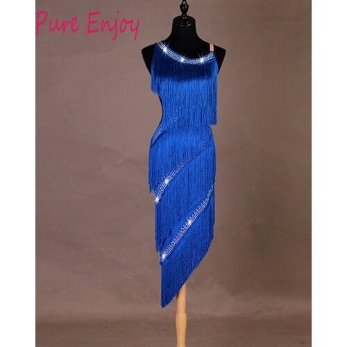 New Latin Dance Competition Dress Performing Dresses Dancing Skirts Blue fringed Dress Dance Clothes Women