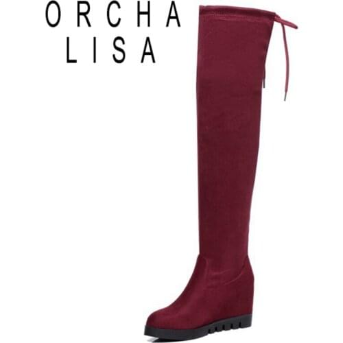 ORCHA LISA 2021 Over The Knee Boots Flock Party Platforms Lace Up Internal Increase Flat Heel Wedges US12 Black Red Brown A4476