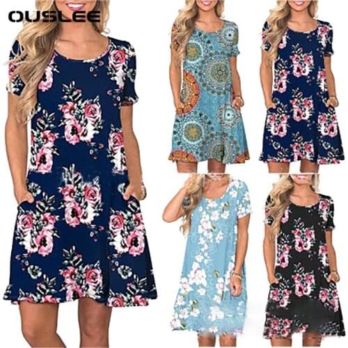 Ouslee Beach Summer Plus size Women Print Dress Sleeveless O-neck Casual Sweet Vintage Floral Loose A-line Party Dress Vestidos