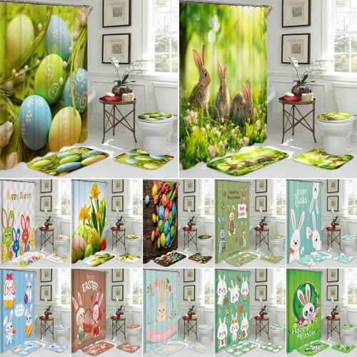Easter Eggs Grass Shower Curtain Bath Mats Rugs Set Rabbit Flowers Pedestal Rug Floor Mat Toilet Cover Carpet Bathroom Curtains