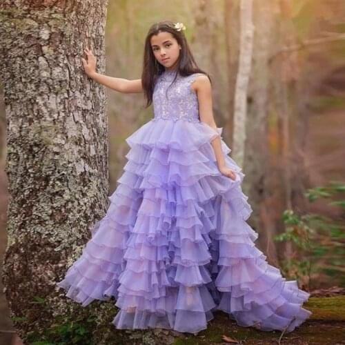 Princess Lavender Girls Pageant Dresses With Lace Sleeveless Toddler Tiered Organza Long Birthday Dress Kids Flower Girl Dress