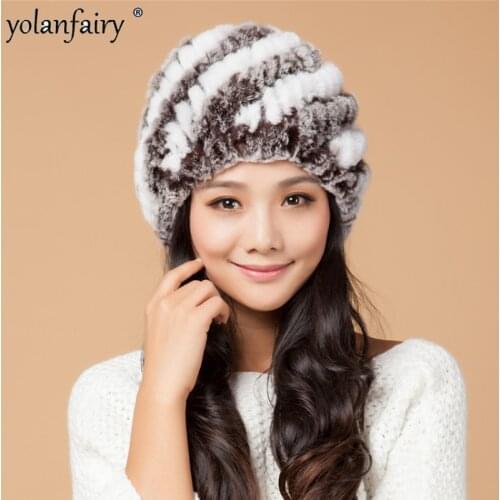 2021 Russian Hot-selling Rex Rabbit Fur Twill Hat Female Winter Warm Womens Thick Hats Woolen Knitted Ladies Beanie Caps Gxy235