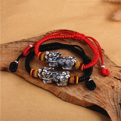 S925 Sterling Silver Bracelet Women Men Luck Coin Pixiu with Red / Black Cord Weave Bracelet