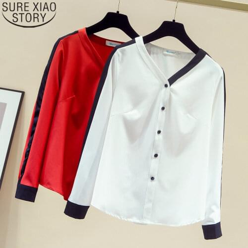 Spring and Autumn Chiffon Shirts Women V-neck Loose Tops Shirt Office Lady Blouse Korean Fashion Clothing Solid Blusas 11155
