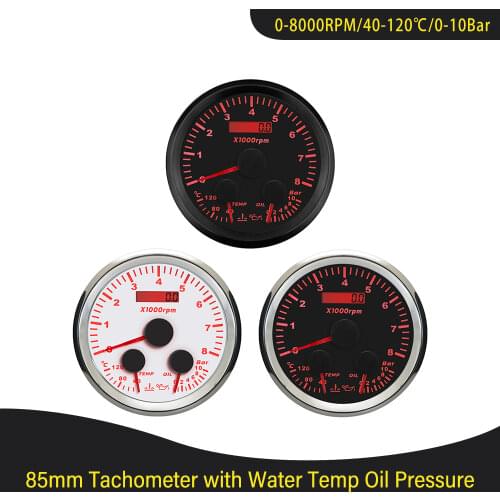 Car Boat 85mm 0-8000RPM Tachometer with 120-240℉ Water Temp 0-80Psi Oil Pressure 3 in 1 Multi-function Gauge Red Backlight 12V