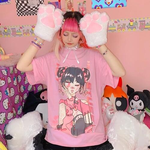 Japanese original home two dimensional cartoon print loose soil cool round neck short sleeve summer top T-shirts tees