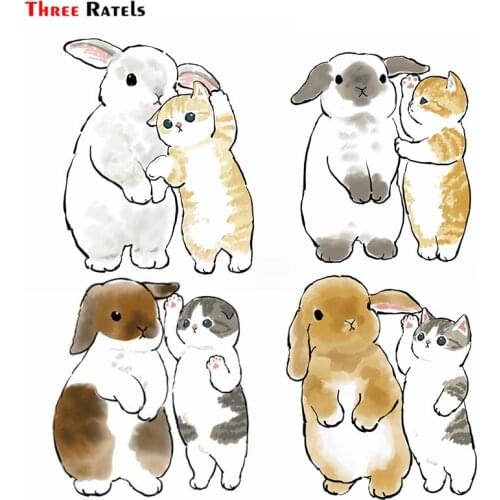Three Ratels F233 hand-painted-Cute Rabbit And Cat By Mofu Sand Decal Car Accessories Motorbike Laptop Helmet Vinyl Sticker