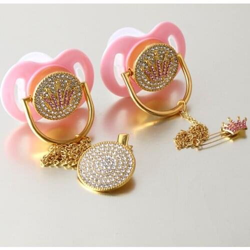Unique Bling Bling Pink Princess Crown Rhinestone Baby Pacifier And Pacifier Holder Clip Safe Pacifier Dummy Baby Gift
