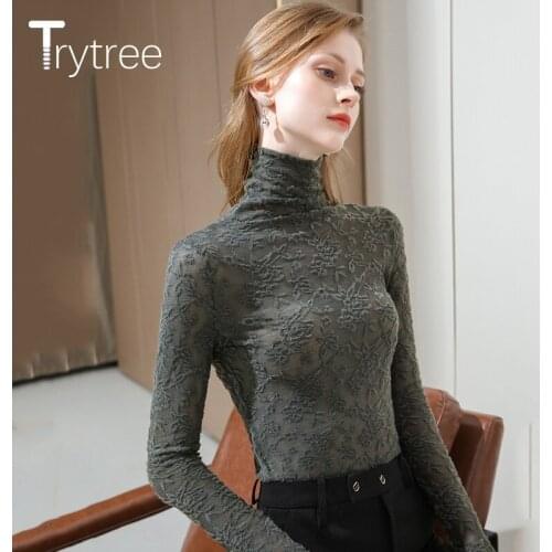 Trytree 2021 Spring Autumn Casual Woman T-shirt Turtleneck High Stretch Lace Hollow Out Basic T-shirt Built-in Tops For Women