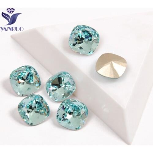 YANRUO 4470 Cushion Cut Aquamarine Sewing Claws Glass Crystal Facny Pointback Stones Sew On Rhinestones For Dance Dress Clothes