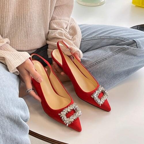 2021 Summer New Pointed Stiletto Heel High Heels Womens Mid Heel Sandals Back Empty Rhinestone Square Buckle Flat Sandals Women