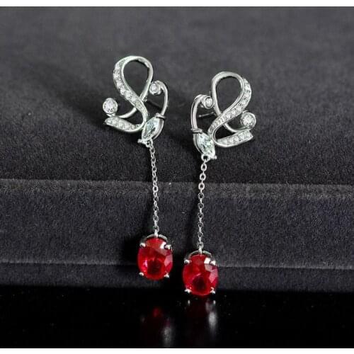 Luxury 100% 925 Silver Color Drop Earrings For Women Sparkling 7*9mm Red Diamond Female Earring Fine Jewelry Earrings Party Gift