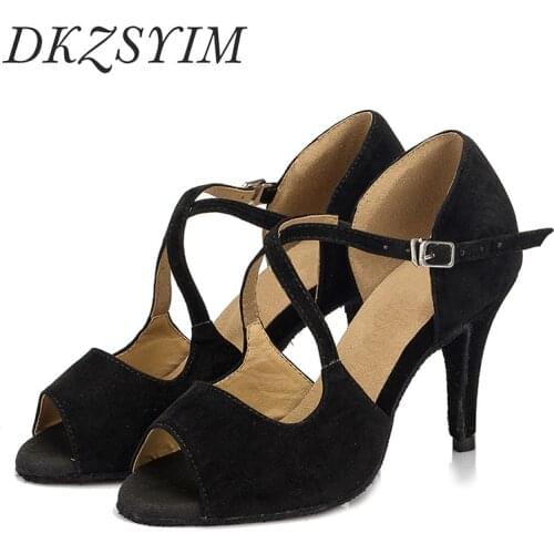 DKZSYIM Women Latin Dance Shoes Flock Black Ballroom Pole/Salsa Dancing Shoes Wedding/Party Sandals High Hells 6-10CM Wholesale