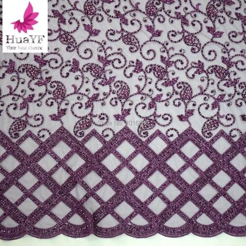 2020 High quality handmade beaded embroidery super heavy handmade beading crystl pealrs wedding dress lace fabric 1 yard purple