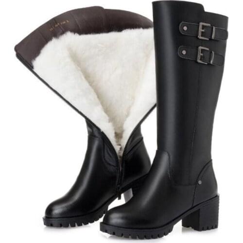 2021 New Winter Plus Velvet and Wool Martin Boots Snow Boots Thick Heel Non-slip Real Leather Shoes Woman High Boots Plus Size