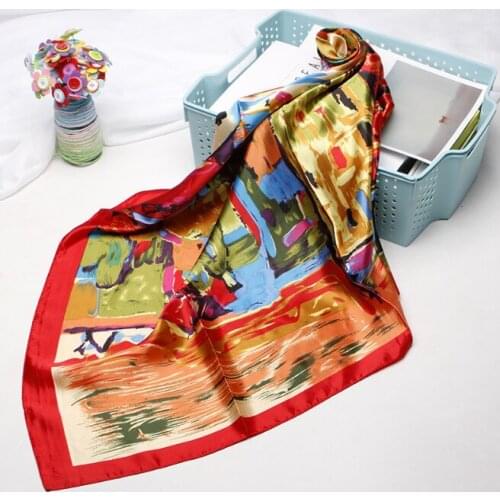 90*90cm Silk painting Scarves Women Foulard Square Head Hijab Scarf Ladies Satiny Shawl wrap muffler pareo female hijab poncho