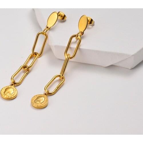 Baoyan Trendy Drop Earrings Gold Geometry Long Link Chain Pendant Earrings Stainless Steel Office Jewelry Party For Women