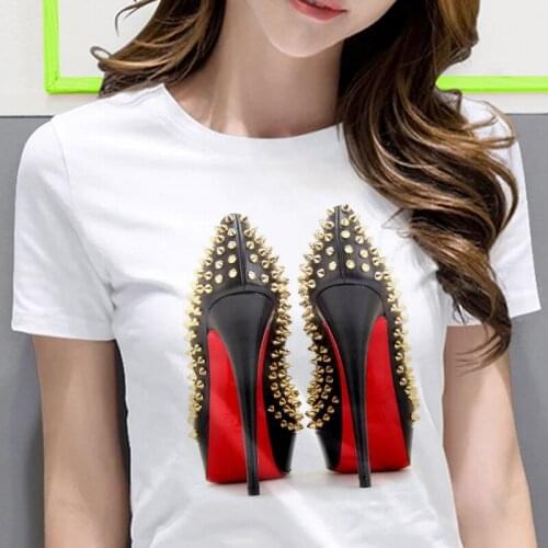 White T-shirt womens shirt fashion high-heeled shoes printed T shirt womens summer short-sleeved casual street clothing Tshirt