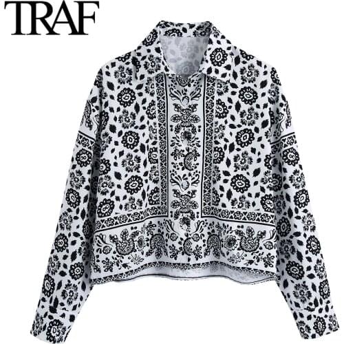 Traf Za Women Fashion Printed Loose Long Sleeve Blouses Vintage Lapel Button Up Shirts Harajuku Chic Office Ladies Tops Mujer