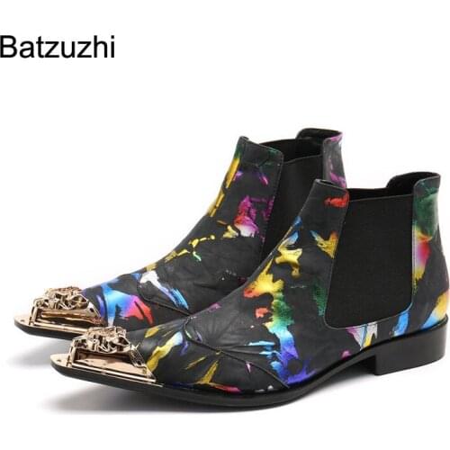 Batzuzhi Puck Fashion Men Shoes Golden Metal Toe Genuine Leather Ankle Boots Men Black Color Rock Party/Motorcycle Botas Hombre