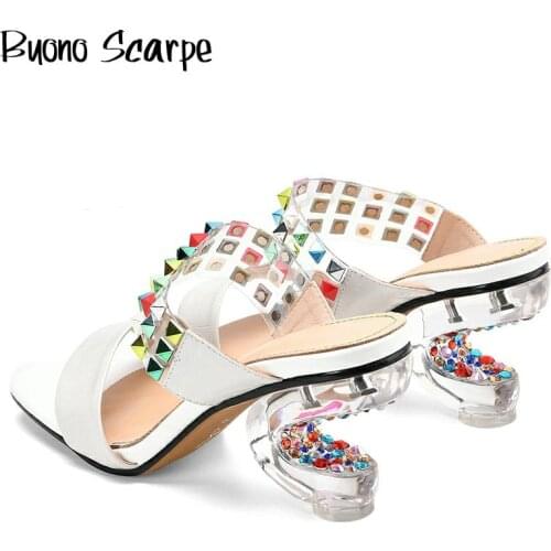 Rainbow Rivets Women Sandals Transparent Strange Heels Summer Shoes Crystal Strass Bling Sandals Embossed Leather Wedding Shoes