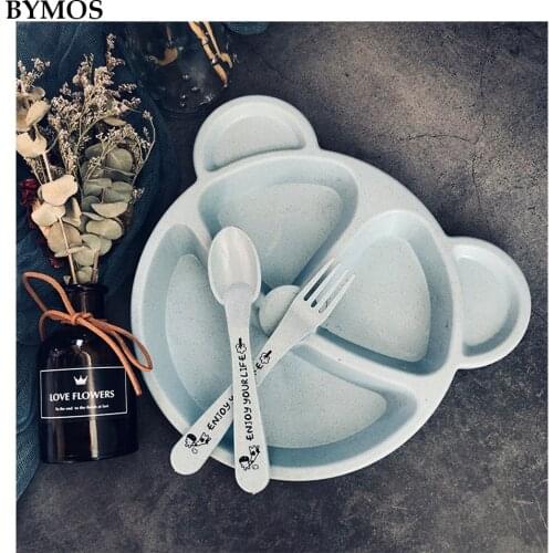 Baby Bowl Spoon Fork Feeding Food Tableware Set Cartoon Bear Kids Dishes Eating Dinnerware Anti-hot Wheat Straw Training Plate