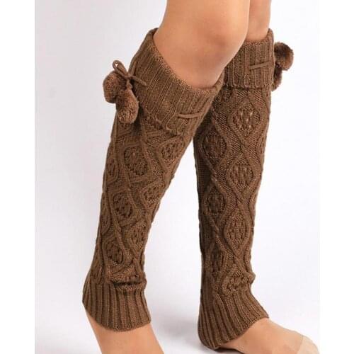 Girls Knitted Kneepad Warm Leg Warmer Diamond Twisted Long Foot Cover with Ball Winter Boot Warmer for Women