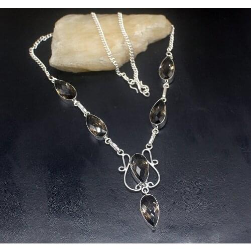 Gemstonefactory Jewelry Big Promotion 925 Silver Natural Smoky Topaz Teardrop Ladies Women Chain Necklace 48cm 202101653