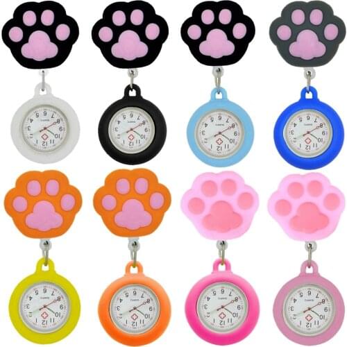Colourful Lovely Cat Claw Retractable Footprints Nurse Doctor Women Hospital Clips Pocket Watches Medical Gifts Clock Watch