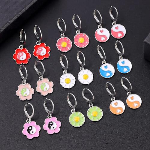 Korean Fashion Yin Yang Flower Enamel Drop Earrings Sweet Girl Jewelry Gold Silver Color Multicolor Small Fresh Metal Earrings