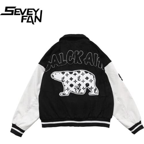 SEVEYFAN Mens Vintage Baseball Jacket Cartoon Bear PU Leather Patchwork Coat Spring Autumn Coat for Couples