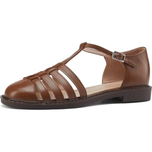 New Genuine Leather Retro Woven Hollow One-word Flat Simple Sandals Womens Solid Color 2021 Summer Autumn Feamle Shoes