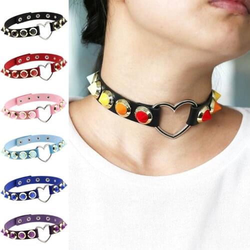 Goth Clothes Harajuku Peach Heart Hollow Out Choker Necklace Rainbow Rivet Candy Colour Necklace For Women Friends Jewelry Gifts