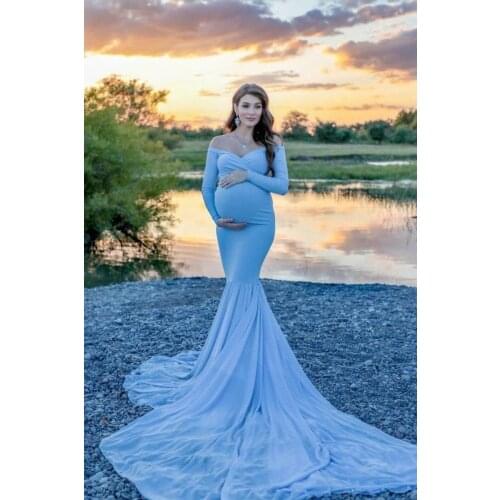 Maternity Gown Prom Dresses Long-sleeve V-neck Pregnant Women Photo Shoot Tail-length Dress Pink Black Evening Photography Dress