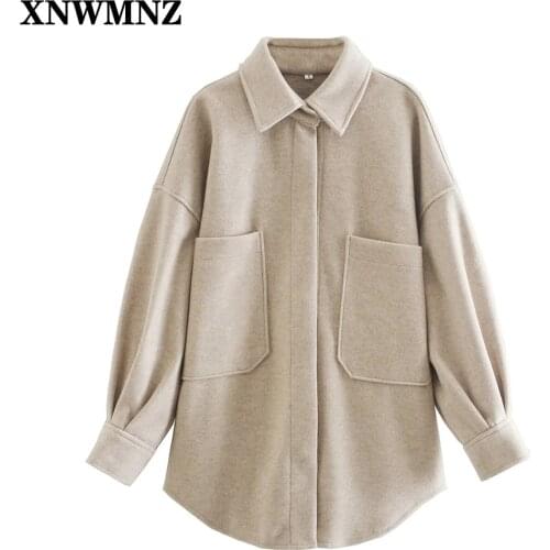 XNWMNZ 2021 Casual Camel Loose Pocket Woolen Shirt Woman Fashion Ladies Sping Long Sleeve Thick Blouse Coat Female Long Outwear