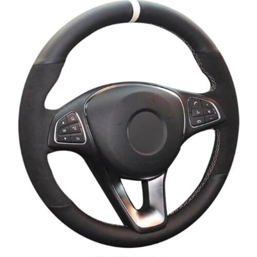 Hand-Stitched Soft Black Genuine Leather Suede Car Steering Wheel Cover For Mercedes-Benz C180 C200 C260 C300 B200