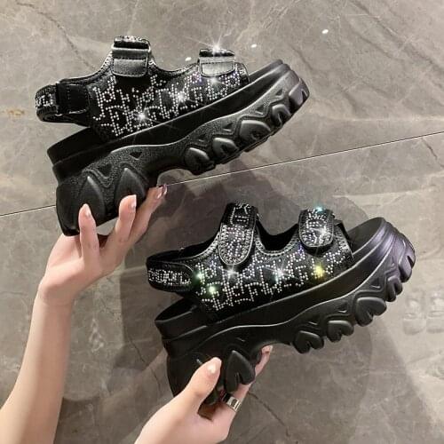 Women Chunky Platform Sandals Rhinestone 2021 Summer Beach Casual Shoes Woman Wedges 8CM Fashion Bling Sandal Ladies