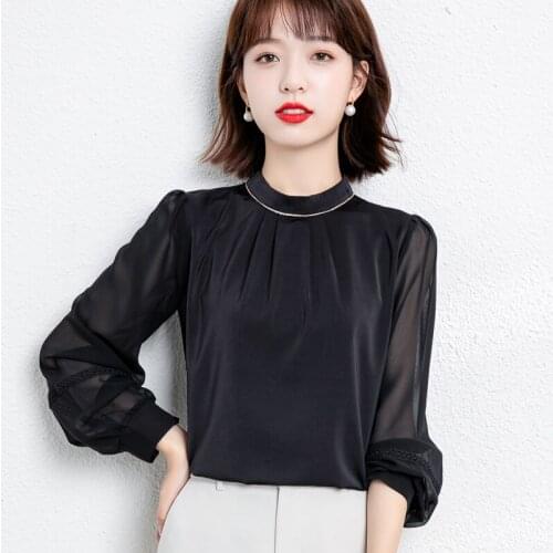 Chikichi Net Red Hot Sale Loose Long Sleeve Satin Top Fashion Woman Blouses 2021 Puff Sleeve Stand Collar Black Chiffon Shirt