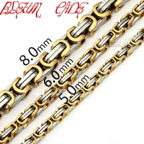 Width 5/6/8/10mm Byzantine Box Link Silver Gold Color Stainless Steel Necklace Mens 22"