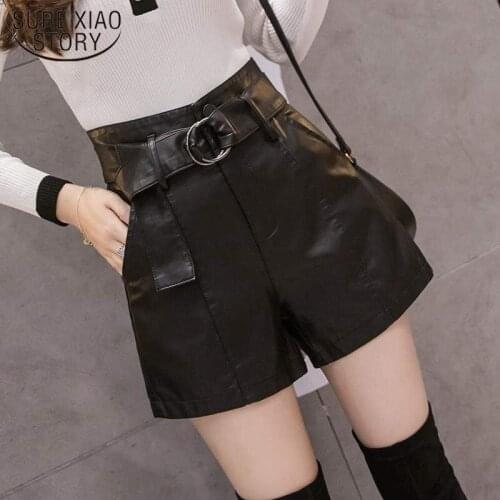 2021 New Autumn Winter Black PU Faux Leather Womens Shorts Sashes High Waist Wide Leg Shorts Elegant Female Trousers 17189