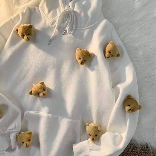 Cute Punk Hoodie Streetwear With Bear Autumn Oversized Sweatshirt Funny White Amine Hip Hop Japan Winter Women Hoodies Girl