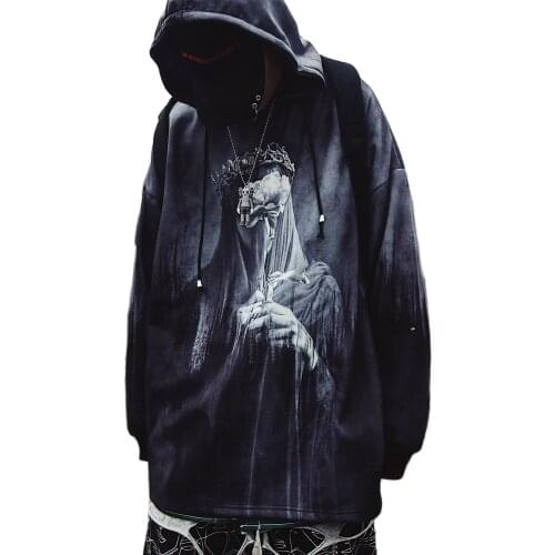 2021 Spring Men Thin Hoodie Evil Tie-Dyed Hooded Long Coat Casual Loose Fashion Chic Hip Hop Streetwear