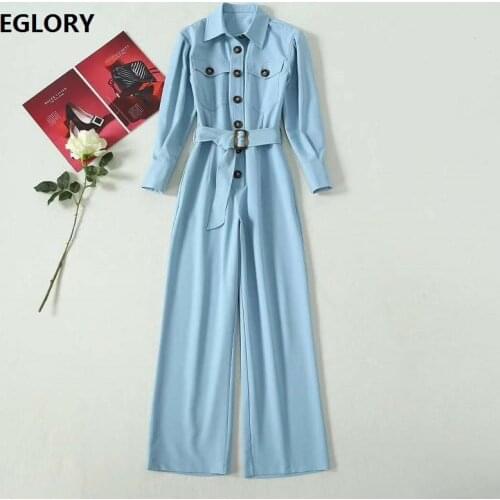 Jumpsuits & Rompers 2020 Autumn Fashion Style Women Turn-down Collar Chest Pocket Button Deco Long Sleeve CasualBlue Jumpsuits