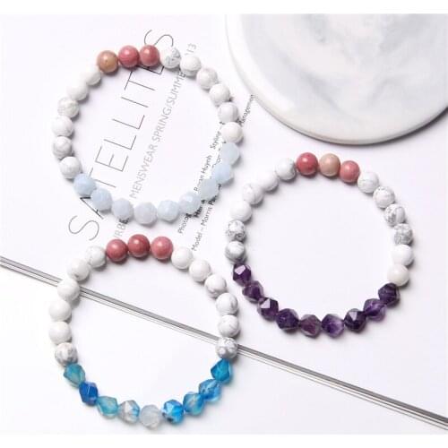 Women Original design Natural pink Rhodochrosite White Howlite Purple Amethysts Aquamarin quartz crystal gem stone bead bracelet