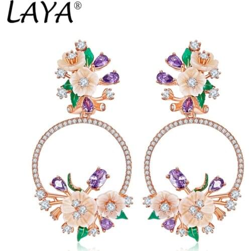 925 Sterling Silver Fashion Natural Shell Flower Green Leaf Enamel High Quality Zircon Drop Earrings Girl‘s Wedding Jewelry