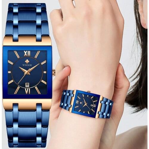 WWOOR Ladies Watches Top Brand Luxury Square Blue Stainless Steel Waterproof Quartz Fashion Women Geneva WristWatch Montre Femme