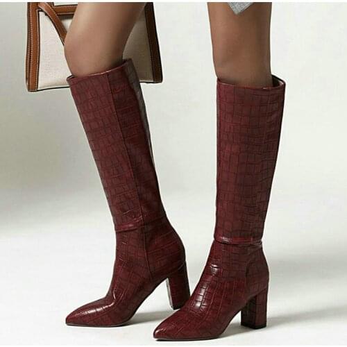 Ladies Western Boots Pointed Toe Sexy Thick Heel High Quality Crocodile Pattern PU Non-lace Slipper Womens Shoes Winter Autumn